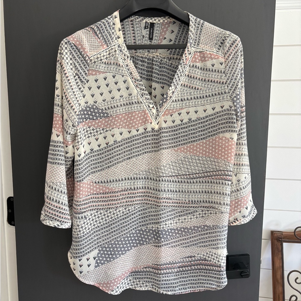 Maurices Geometric V-Neck Blouse - Pink, Gray, White